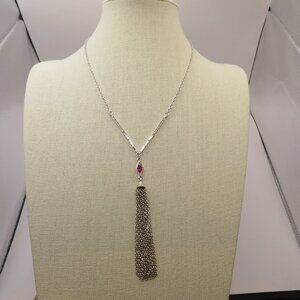 Sarah Coventry Vintage Silver Tone with Pink Rhinestone Tassel Necklace
